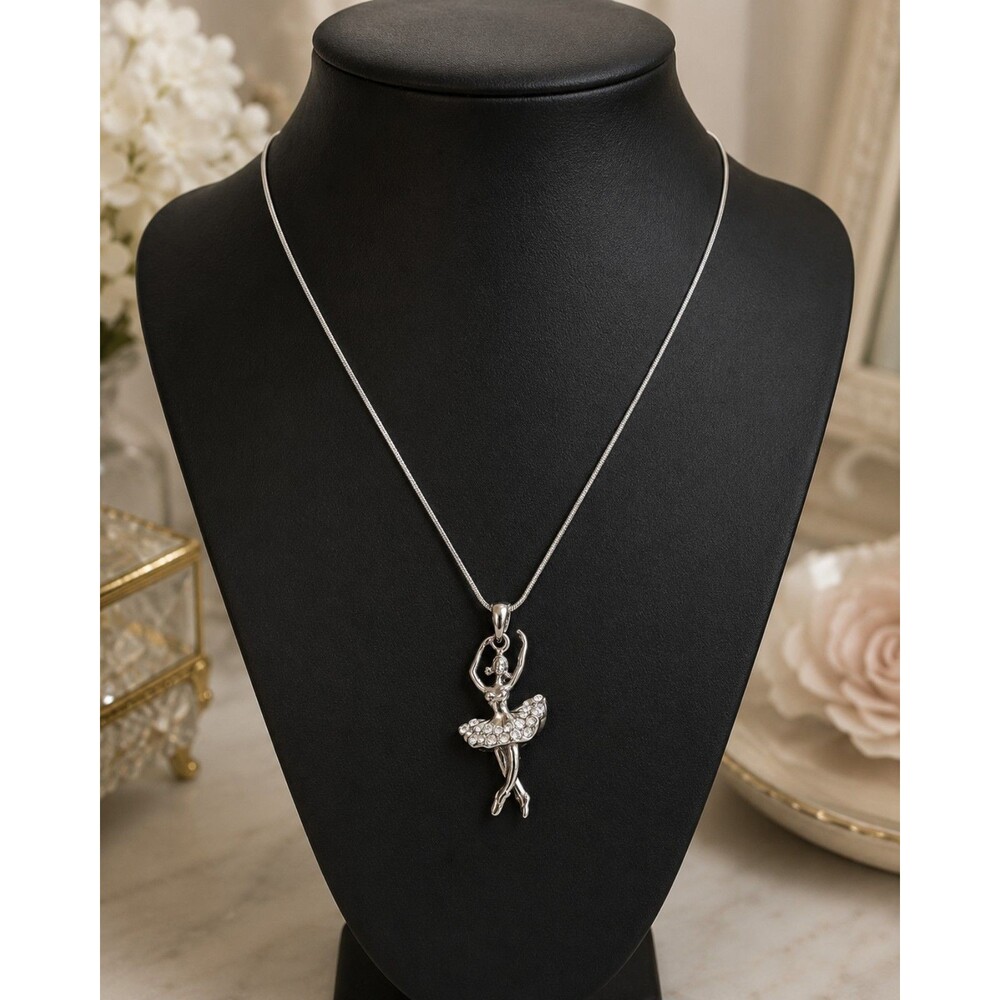 Vintage Ballerina Pendant Necklace, Silver Tone Rhinestone Ballet Dancer Charm